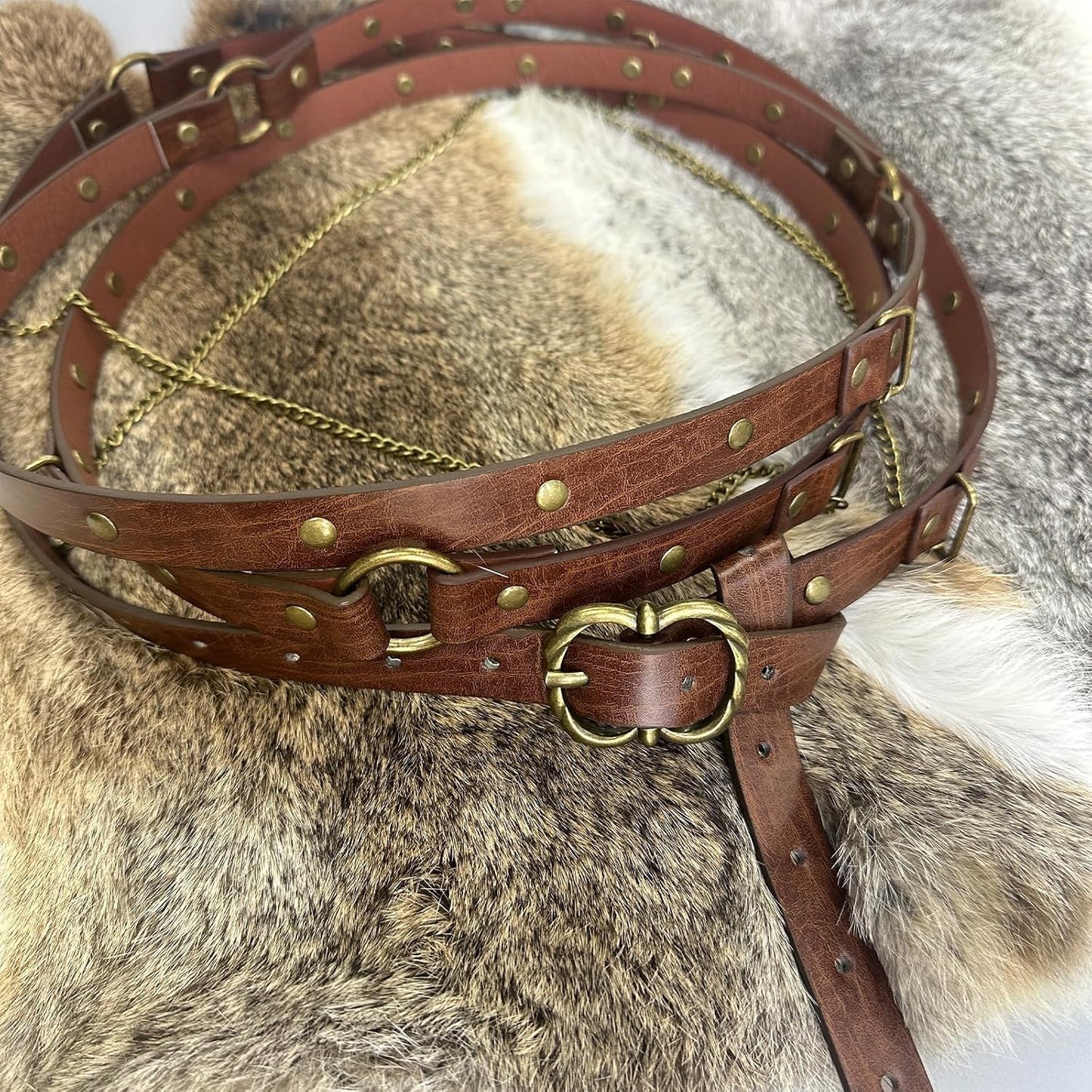HOTHiiFeuer Medieval DIY Faux Leather Metal Chain Belt, Vintage Adjustable Thin Belt For Women, Retro Skinny Belt For Dresses