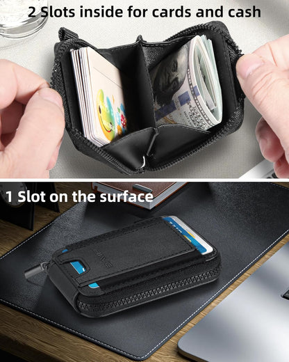 HOTSmall Wallet for Women with Rechargeable Find My Tracker Built-in, Zipper Accordion Credit Card Holder with Keyring, Anti-loss Fashion Minimalist Slim, Black