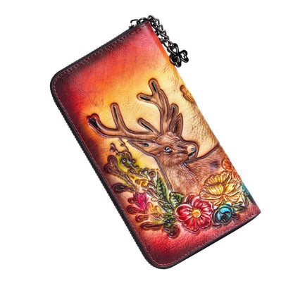 HOTWallet Genuine Leather for Women - with RFID Blocking Card checkbook ID Slot Large Capacity Vintage style (flower brown)