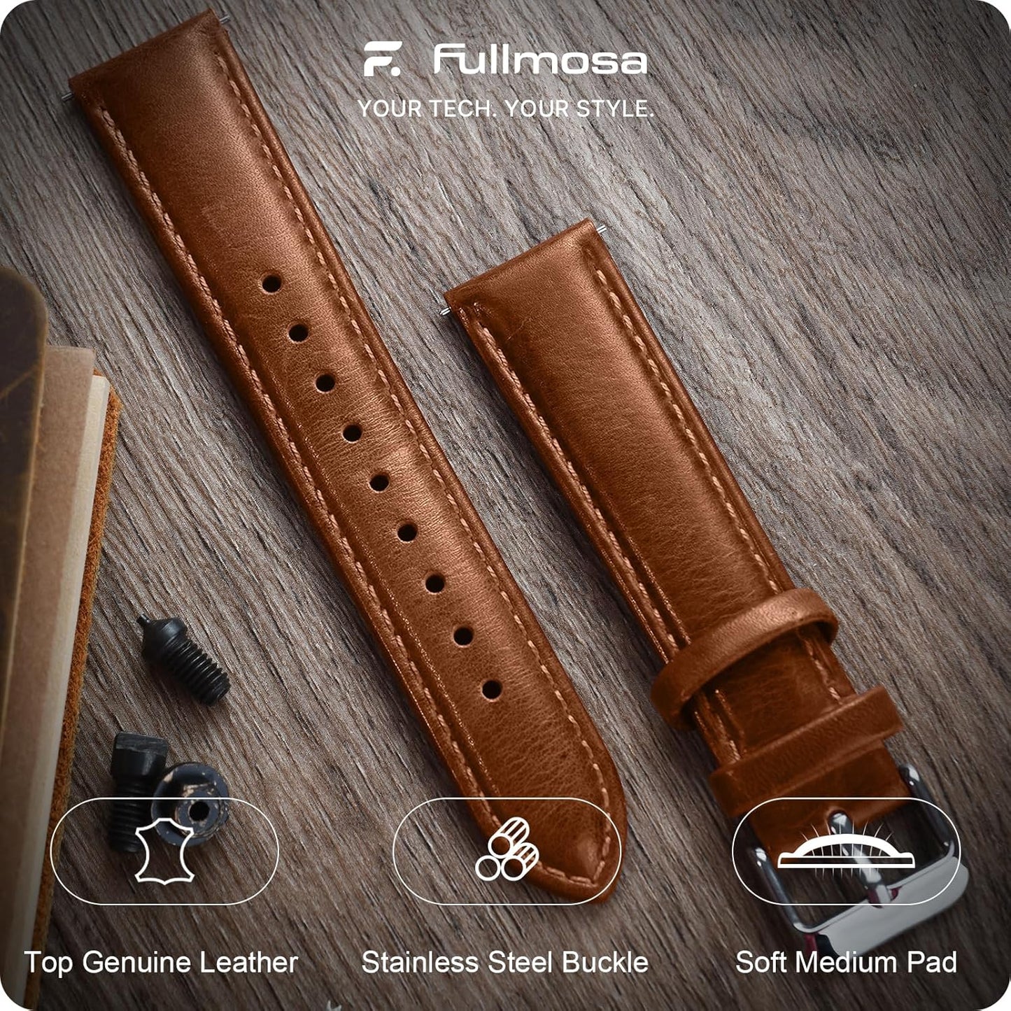 HOTFullmosa Watch Band, Quick Release Leather Watch Strap Compatible with Samsung Galaxy Garmin for Men Women, Replacement Bands Width 12mm 14mm 16mm 18mm 19mm 20mm 21mm 22mm 24mm | Quick Release Replacement Bands with Stainless Steel Metal Clasp, Genuine