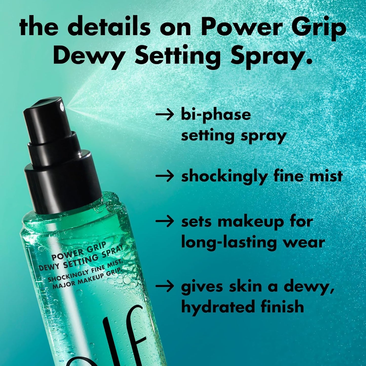 HOTe.l.f. Power Grip Dewy Setting Spray, Ultra Fine Mist Made With Hyaluronic Acid, Grips Makeup For A Hydrated-Looking, Dewy Finish, Vegan & Cruelty-Free