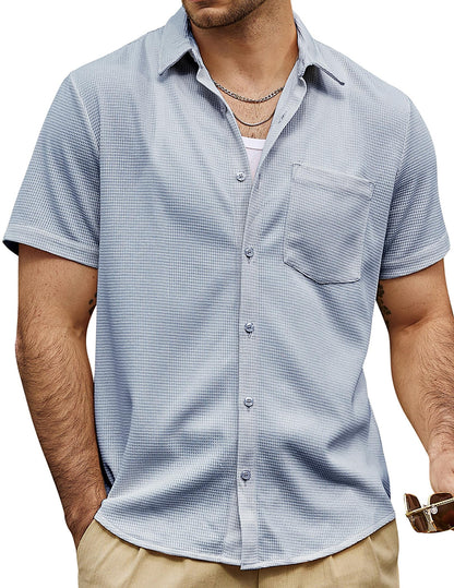 HOTVATPAVE Mens Casual Waffle Shirt Short Sleeve Button Down Summer Shirts | Beach, Untucked, Camp, Daily, Work, Family Photo, Old Money, Vacation, Collared, Wedding, Date, Cruise, Going Out, Pocket