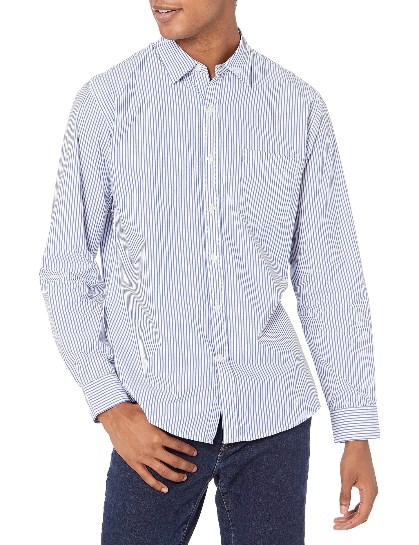 HOTAmazon Essentials Men's Regular-Fit Long-Sleeve Casual Poplin Shirt, Button Front, Business Casual, Collared