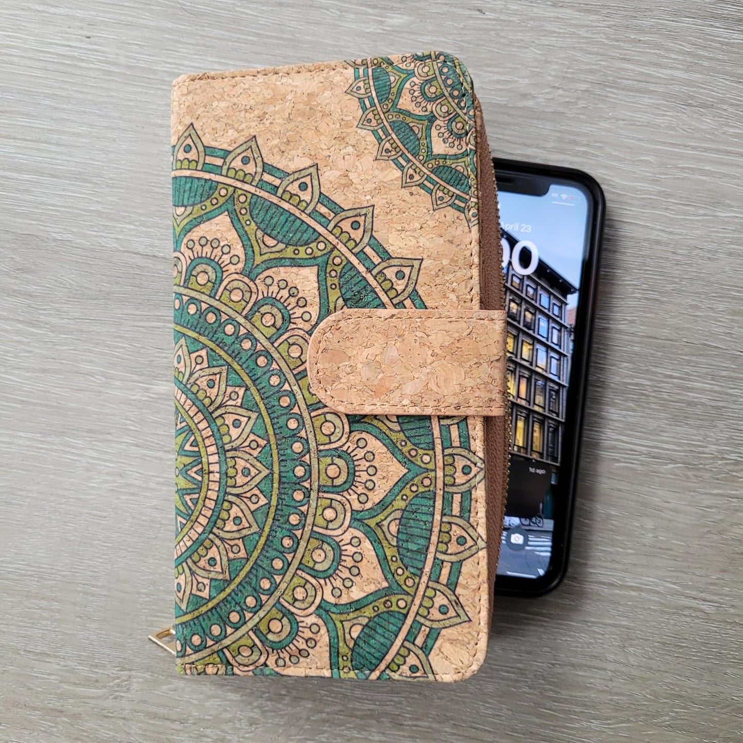 HOTNatural cork zipper wallet, vegan wallet Eco friendly gift, lightweight durable (Green Mandala)