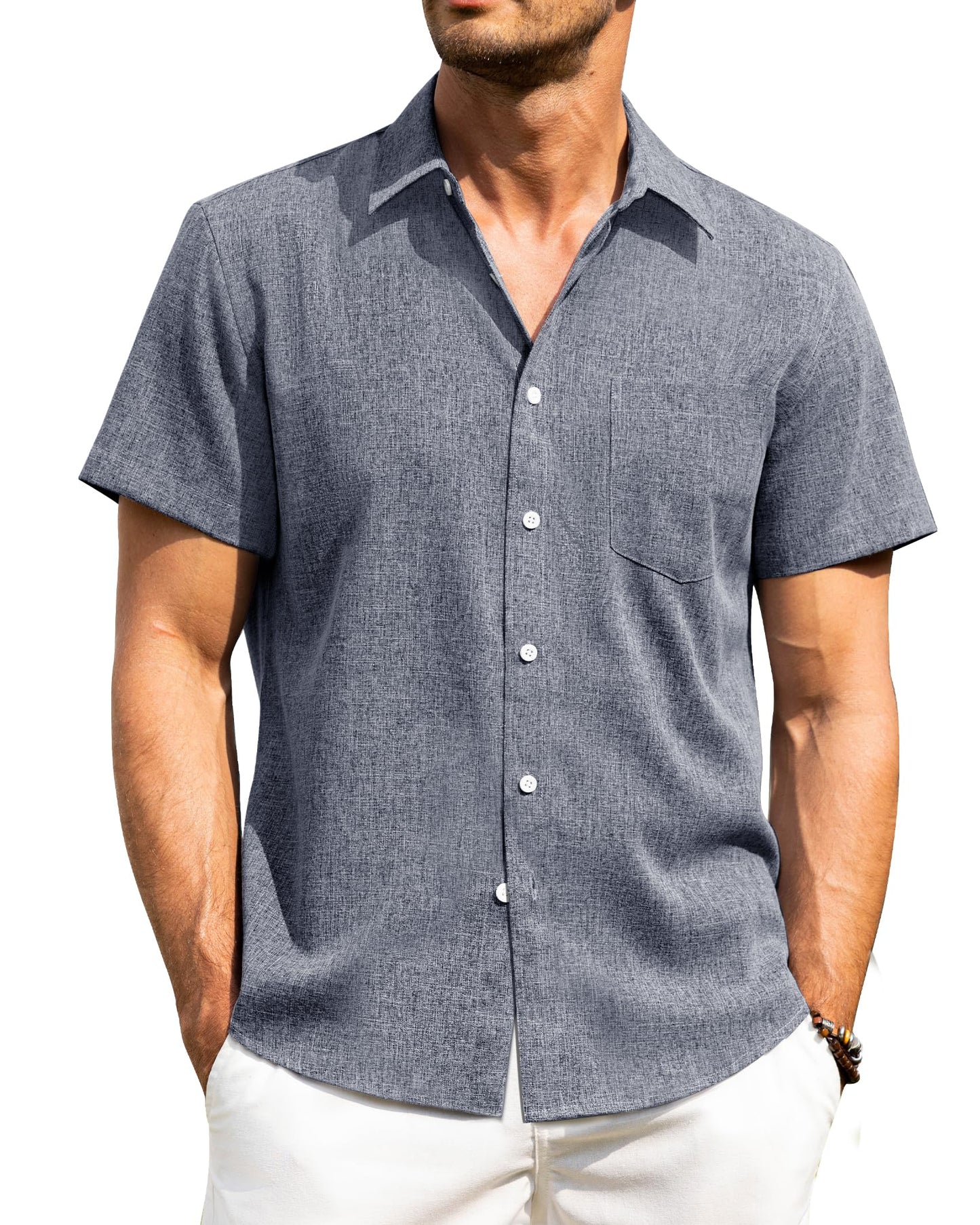 HOTAlimens & Gentle Mens Linen Shirts Short Sleeve Button Down Shirts Wrinkle Free Casual Vacation Beach Summer Tops