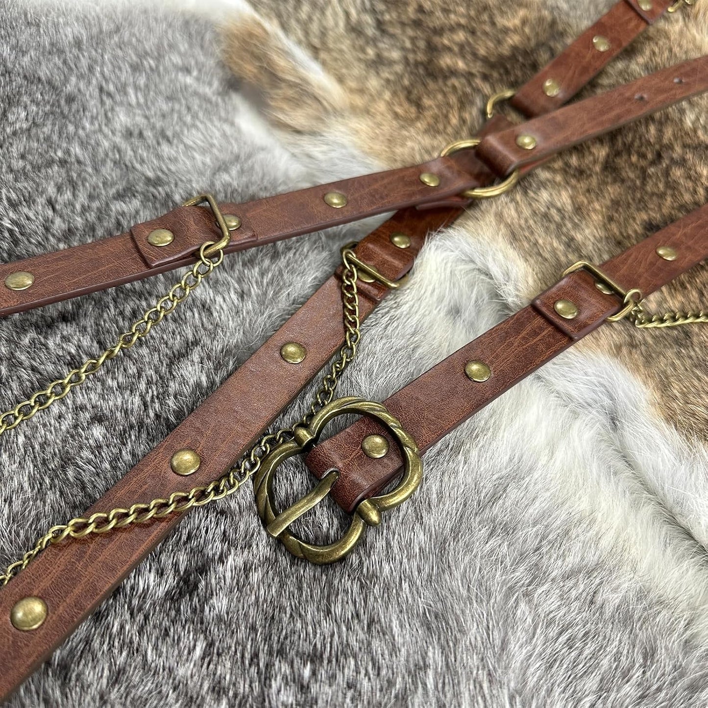 HOTHiiFeuer Medieval DIY Faux Leather Metal Chain Belt, Vintage Adjustable Thin Belt For Women, Retro Skinny Belt For Dresses