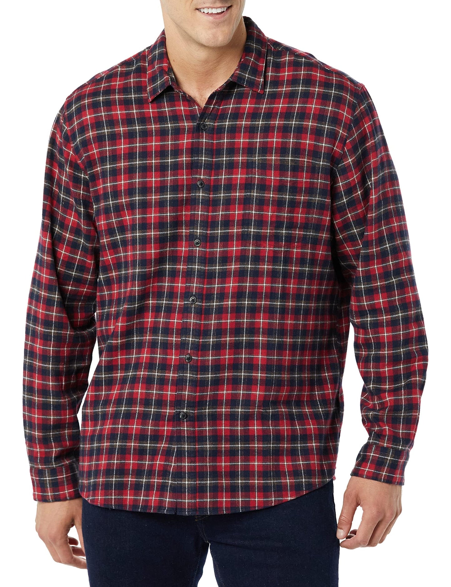 HOTAmazon Essentials Men's Regular Fit Long-Sleeve Flannel Shirt, Soft Brushed Cotton, Lightweight yet Warm