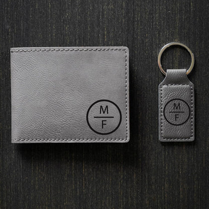 HOTAlterd Industries Wallet Personalized - Custom Engraved Bifold Leather Wallets Minimalist for Men Monogrammed Initals Monogram Gifts for Him (Wallet/Keychain Combo, Stacked Monogram, Gray)
