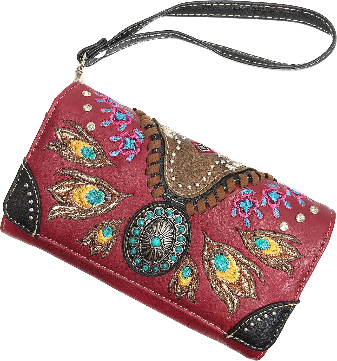 HOTZelris Turquoise Concho Peacock Feather Women Crossbody Wrist Trifold Wallet