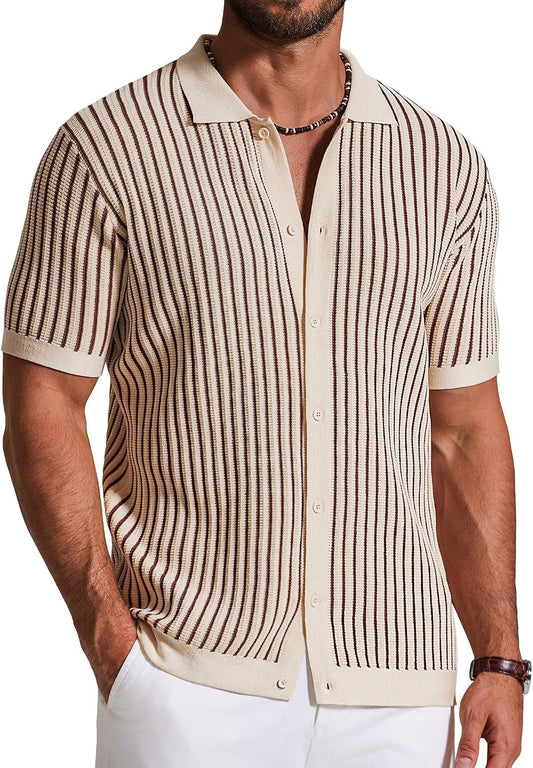 HOTCOOFANDY Mens Knit Button Down Shirts Short Sleeve Polo Shirt Vintage Striped Casual Shirts