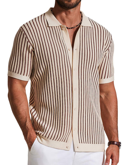 HOTCOOFANDY Mens Knit Button Down Shirts Short Sleeve Polo Shirt Vintage Striped Casual Shirts