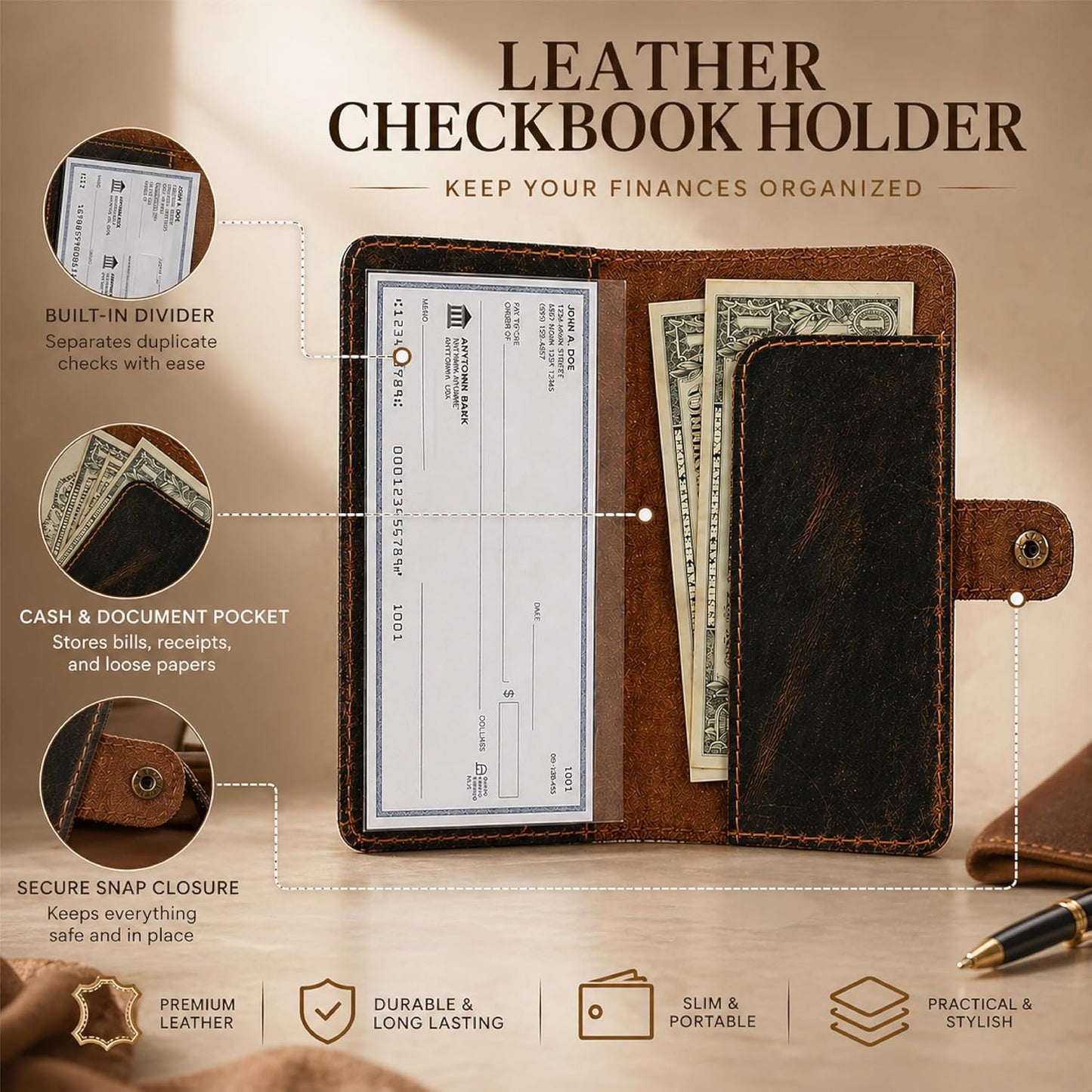 HOTGenuine Brown Leather Checkbook Cover with Divider - Slim Bifold Check Book Wallet for Men & Women, Secure Snap Closure, Fits Standard US Checkbooks 3.5 x 7 Inch