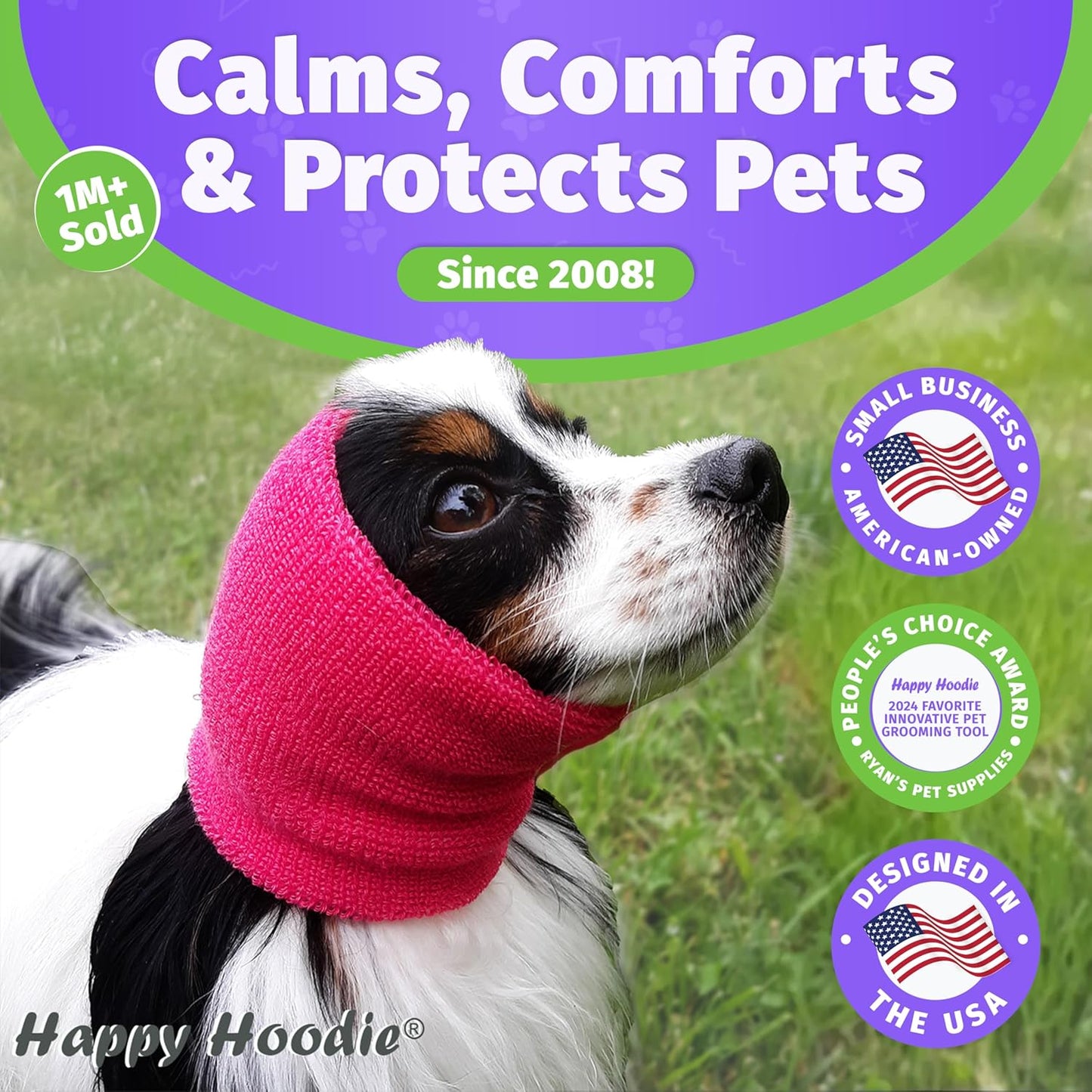 HOTHappy Hoodie The Original Dog & Cat Calming Band - American Brand - Anxiety Relief/Noise Protection - Grooming - Thunder - Fireworks (Large, Black) - Since 2008