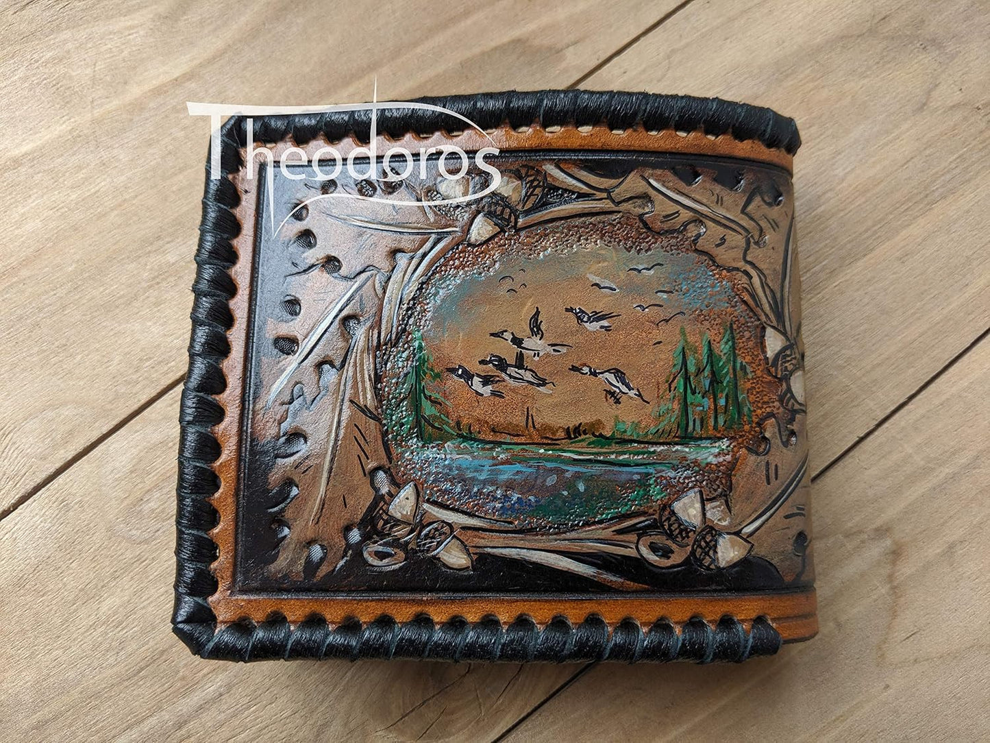 HOTAmerican Black Duck, Geese, Oak Leaf, Paysage, Goose, Hunter, Men's 3D Genuine Leather Wallet, Handmade wallet, Carved wallet, Tooled wallet, Bifold wallet, Custom wallet, Personalized wallet
