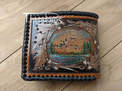 HOTAmerican Black Duck, Geese, Oak Leaf, Paysage, Goose, Hunter, Men's 3D Genuine Leather Wallet, Handmade wallet, Carved wallet, Tooled wallet, Bifold wallet, Custom wallet, Personalized wallet