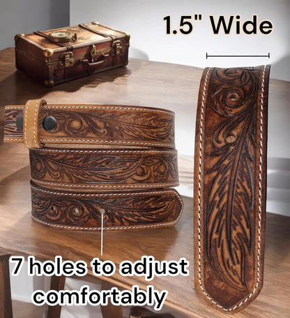 HOTF&L CLASSIC Western Belt without buckle for men – Full Grain Leather Cowboy Belts for jeans - One Piece Leather strap belt