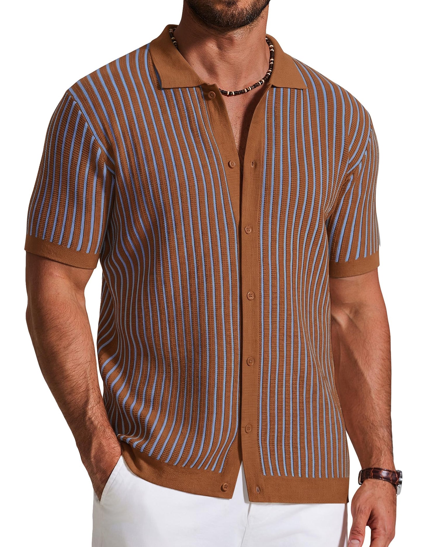HOTCOOFANDY Mens Knit Button Down Shirts Short Sleeve Polo Shirt Vintage Striped Casual Shirts