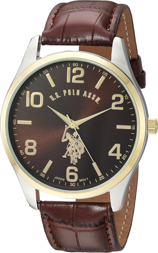 HOTU.S. Polo Assn. Men's Brown Dial Watch with Gold-Tone Bezel and Croc-Embossed Strap – Analog Quartz Timepiece in Gift Box Fits Wrists 5.5"-8" with 44mm Silver-Tone Case