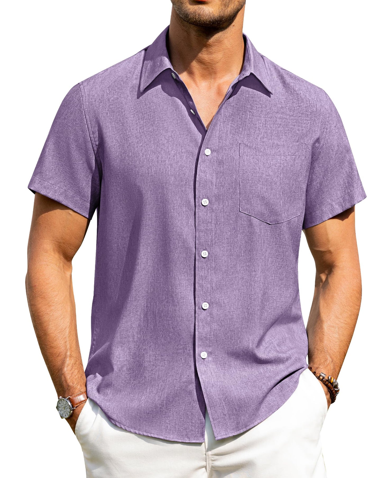 HOTAlimens & Gentle Mens Linen Shirts Short Sleeve Button Down Shirts Wrinkle Free Casual Vacation Beach Summer Tops