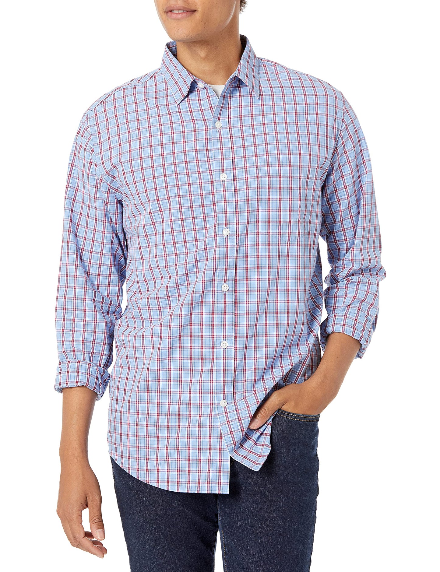 HOTAmazon Essentials Men's Regular-Fit Long-Sleeve Casual Poplin Shirt, Button Front, Business Casual, Collared