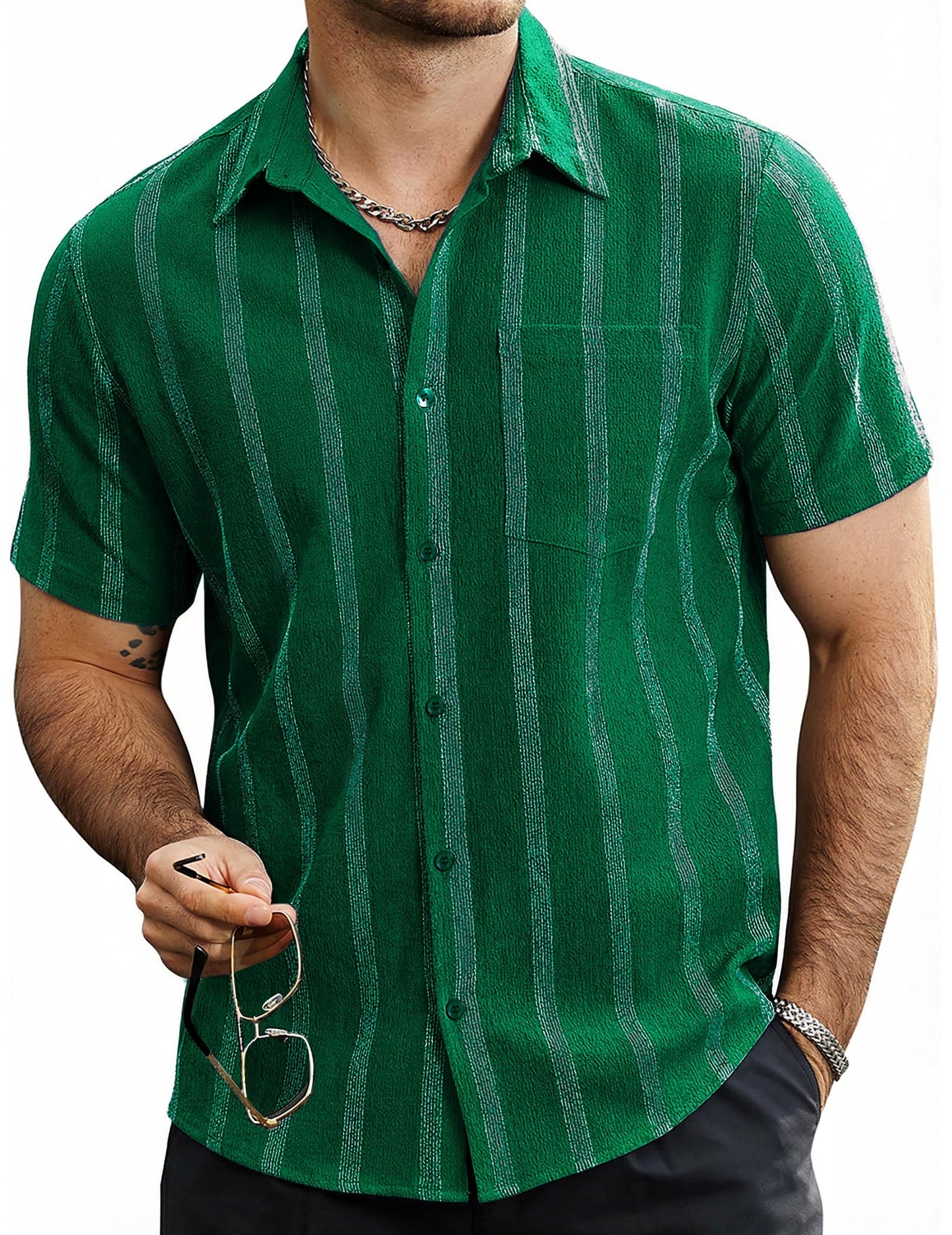HOTVATPAVE Mens Summer Striped Shirts Button Down Short Sleeve Vintage Beach Hawaiian Shirts with Pocket