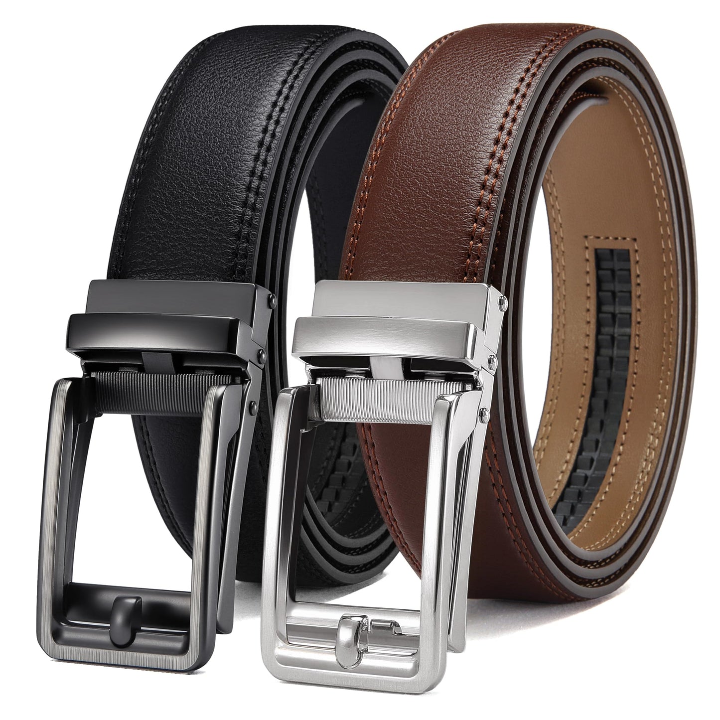 HOTCHAOREN Click Belts for Men 2 Pack - Mens Ratchet Leather Belt 1 3/8" for Dress and Casual - Micro Adjustable Belt Fit