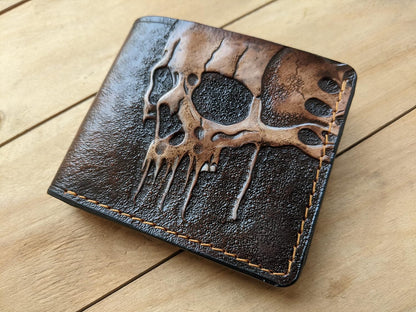 HOTMelting Skull Zombie Skeleton Leather Wallet for Men – Dark Fantasy Skeleton Design – RFID Genuine Leather Bifold Biker Wallet, Embossed, Carved, Tooled & Painted Wallet, Custom Personalized Gift
