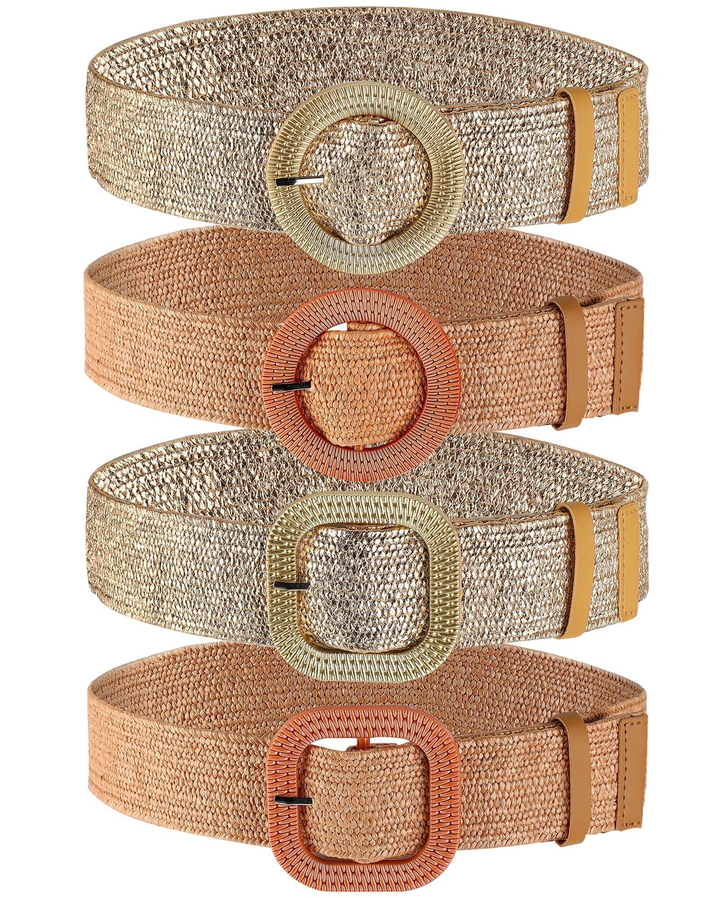 HOTWILLBOND 4 Pcs Women's Elastic Raffia Woven Belt, Boho Rattan Buckle Stretch Straw Wide Waist Belt for Dresses Jeans Pants