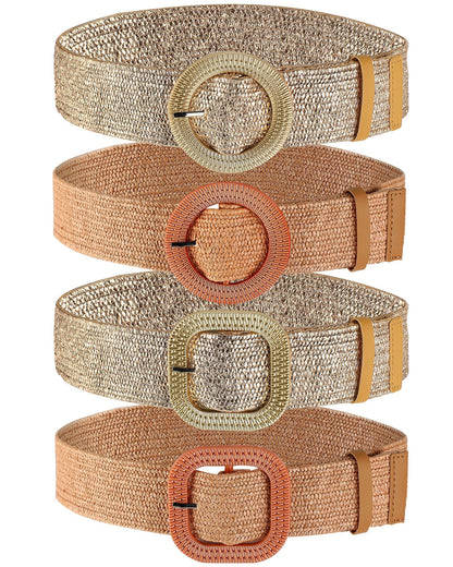 HOTWILLBOND 4 Pcs Women's Elastic Raffia Woven Belt, Boho Rattan Buckle Stretch Straw Wide Waist Belt for Dresses Jeans Pants