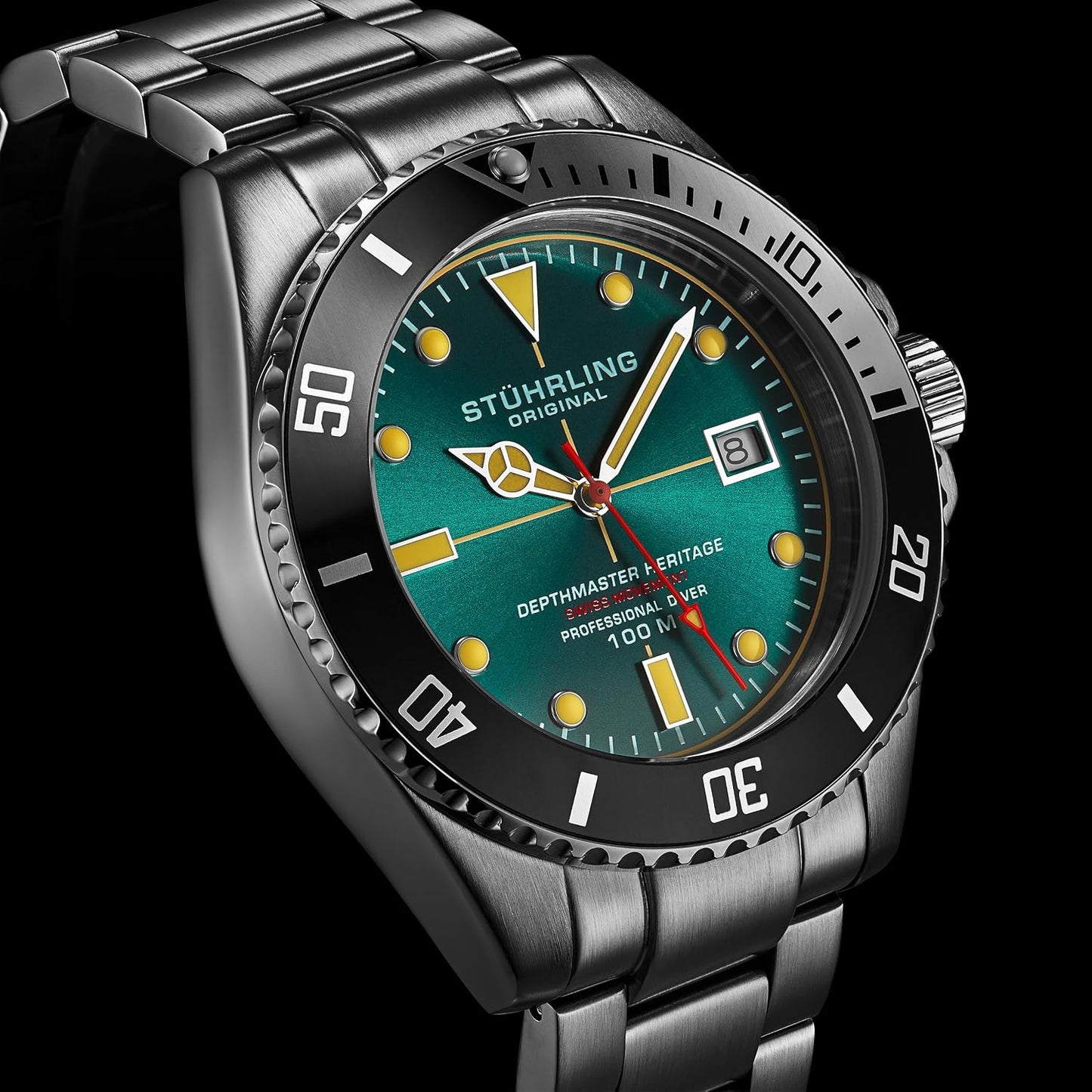 HOTStuhrling Depthmaster Heritage Diver Swiss Quartz Watch, 42mm, Stainless Steel, 100M Water Resistant