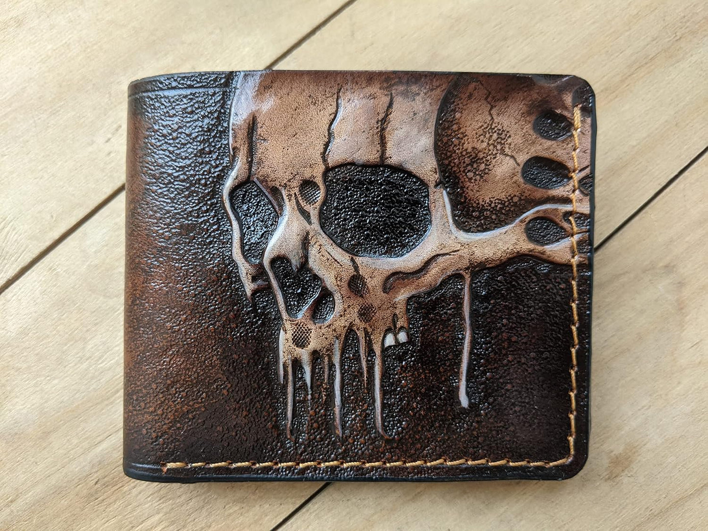 HOTMelting Skull Zombie Skeleton Leather Wallet for Men – Dark Fantasy Skeleton Design – RFID Genuine Leather Bifold Biker Wallet, Embossed, Carved, Tooled & Painted Wallet, Custom Personalized Gift