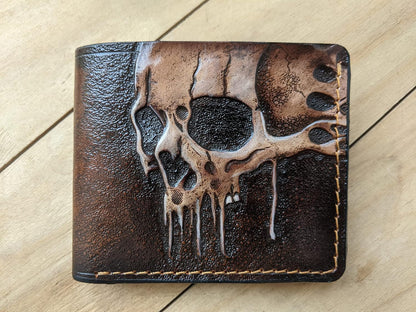 HOTMelting Skull Zombie Skeleton Leather Wallet for Men – Dark Fantasy Skeleton Design – RFID Genuine Leather Bifold Biker Wallet, Embossed, Carved, Tooled & Painted Wallet, Custom Personalized Gift