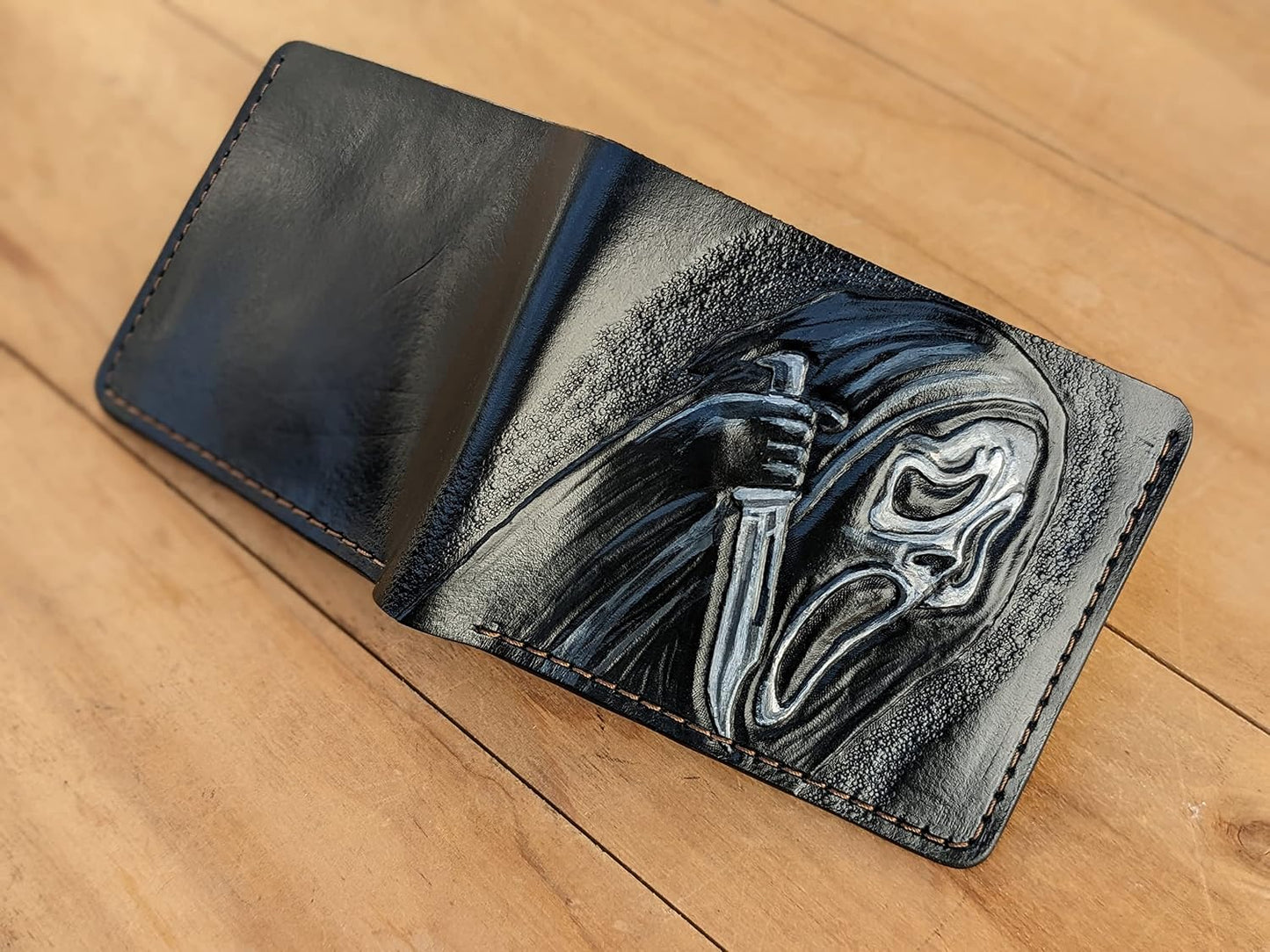 HOTSkull, Bone, Jaw, Skeleton, Mask, Knife, Men's 3D Genuine Leather Wallet, Handmade wallet, Carved wallet, Tooled wallet, Airbrush Art, Bifold wallet, Custom wallet, Personalized wallet