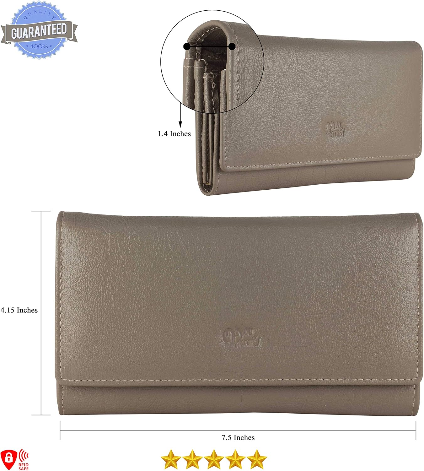 HOTWomen's Top Grain Leather Wallet, RFID Blocking Bifold clutch, 17 Card Slots, Zip Pocket Organizer, Elegant Gift for Women — Birthday, Valentine, Anniversary - TAUPE