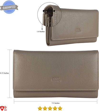 HOTWomen's Top Grain Leather Wallet, RFID Blocking Bifold clutch, 17 Card Slots, Zip Pocket Organizer, Elegant Gift for Women — Birthday, Valentine, Anniversary - TAUPE