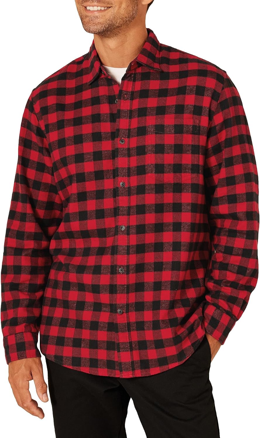 HOTAmazon Essentials Men's Regular Fit Long-Sleeve Flannel Shirt, Soft Brushed Cotton, Lightweight yet Warm