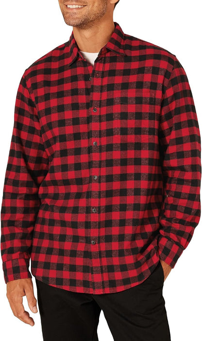 HOTAmazon Essentials Men's Regular Fit Long-Sleeve Flannel Shirt, Soft Brushed Cotton, Lightweight yet Warm