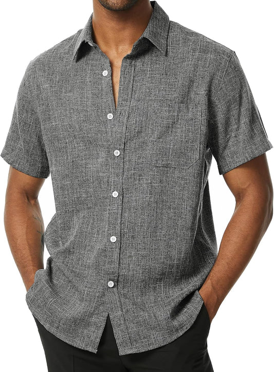 HOTPARKLEES Mens Wrinkle Free Short Sleeve Button Down Shirts Texture Linen Shirts Casual Vacation Beach Summer Tops