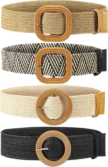 HOTWILLBOND 4 Pcs Women's Elastic Raffia Woven Belt, Boho Rattan Buckle Stretch Straw Wide Waist Belt for Dresses Jeans Pants
