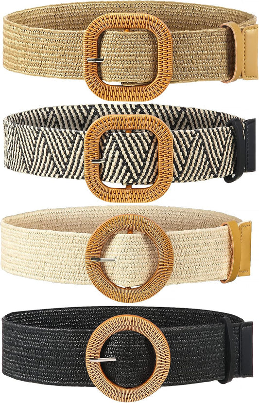 HOTWILLBOND 4 Pcs Women's Elastic Raffia Woven Belt, Boho Rattan Buckle Stretch Straw Wide Waist Belt for Dresses Jeans Pants
