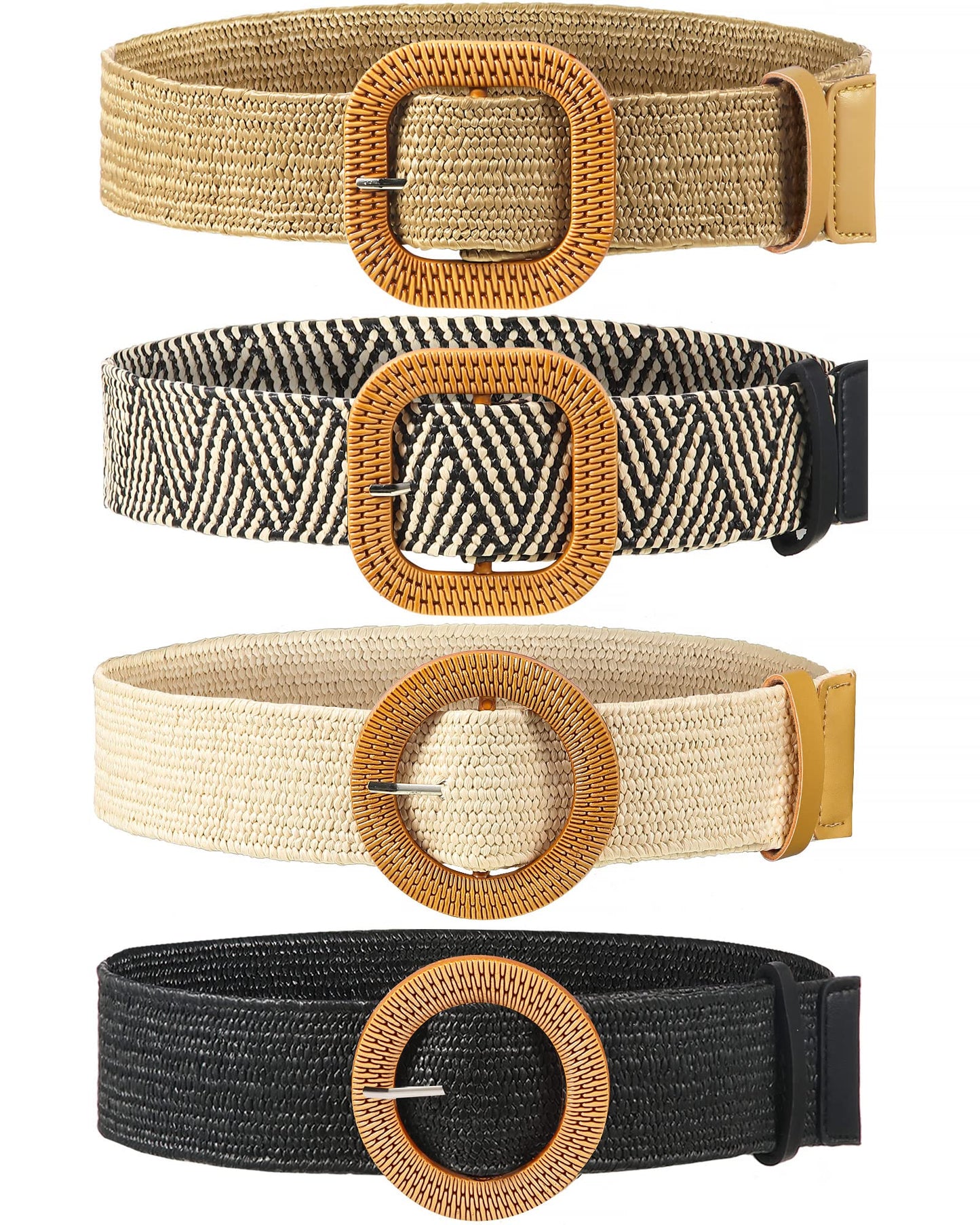 HOTWILLBOND 4 Pcs Women's Elastic Raffia Woven Belt, Boho Rattan Buckle Stretch Straw Wide Waist Belt for Dresses Jeans Pants