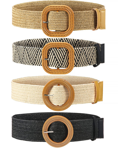HOTWILLBOND 4 Pcs Women's Elastic Raffia Woven Belt, Boho Rattan Buckle Stretch Straw Wide Waist Belt for Dresses Jeans Pants