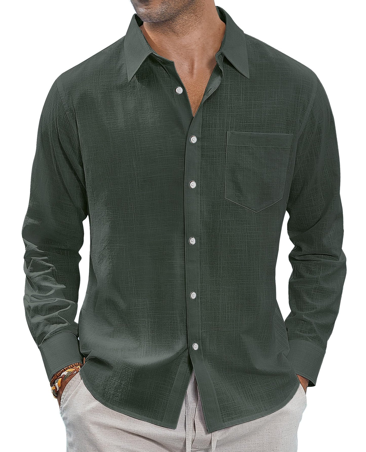 HOTJ.VER Men's Linen Shirts Casual Button Down Long Sleeve Shirt Solid Spread Collar Summer Beach Shirts with Pocket