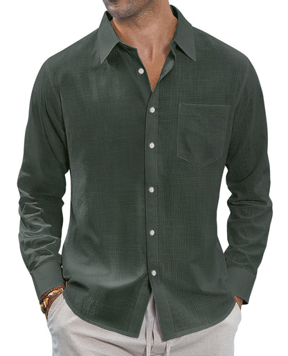 HOTJ.VER Men's Linen Shirts Casual Button Down Long Sleeve Shirt Solid Spread Collar Summer Beach Shirts with Pocket