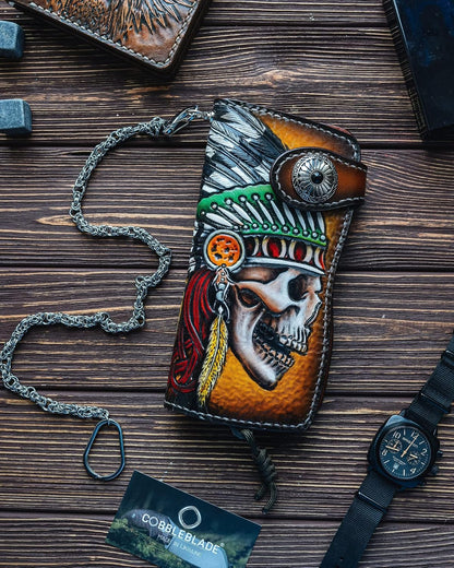 HOTMen's 3D Genuine Leather Wallet, Long wallet, Biker wallet, Hand-Carved, Hand-Painted, Leather Carving, Custom wallet, Personalized wallet, Indian Skull, Skeleton, Red Man, Native American