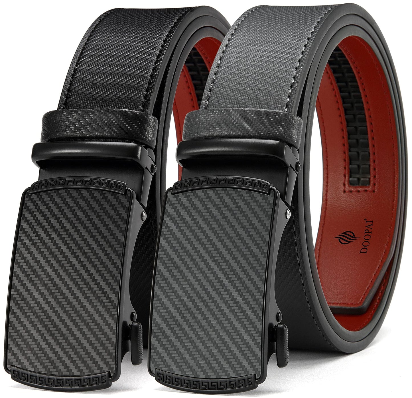 HOTDOOPAI Men's 2 Pack Ratchet Dress Belt - Adjustable 1 3/8" Genuine Leather, Size Length Can Be Cut, With Gift Box