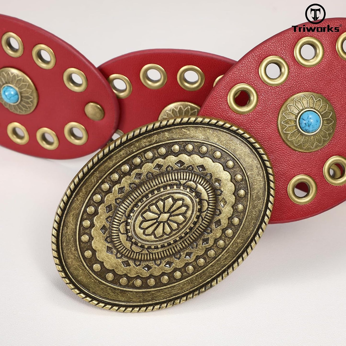 HOTTRIWORKS Western Belts for Women Wide Cowgirl Disc Belt with Turquoise Boho Concho Leather Belt Country Belt for Dress
