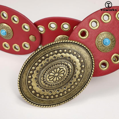 HOTTRIWORKS Western Belts for Women Wide Cowgirl Disc Belt with Turquoise Boho Concho Leather Belt Country Belt for Dress