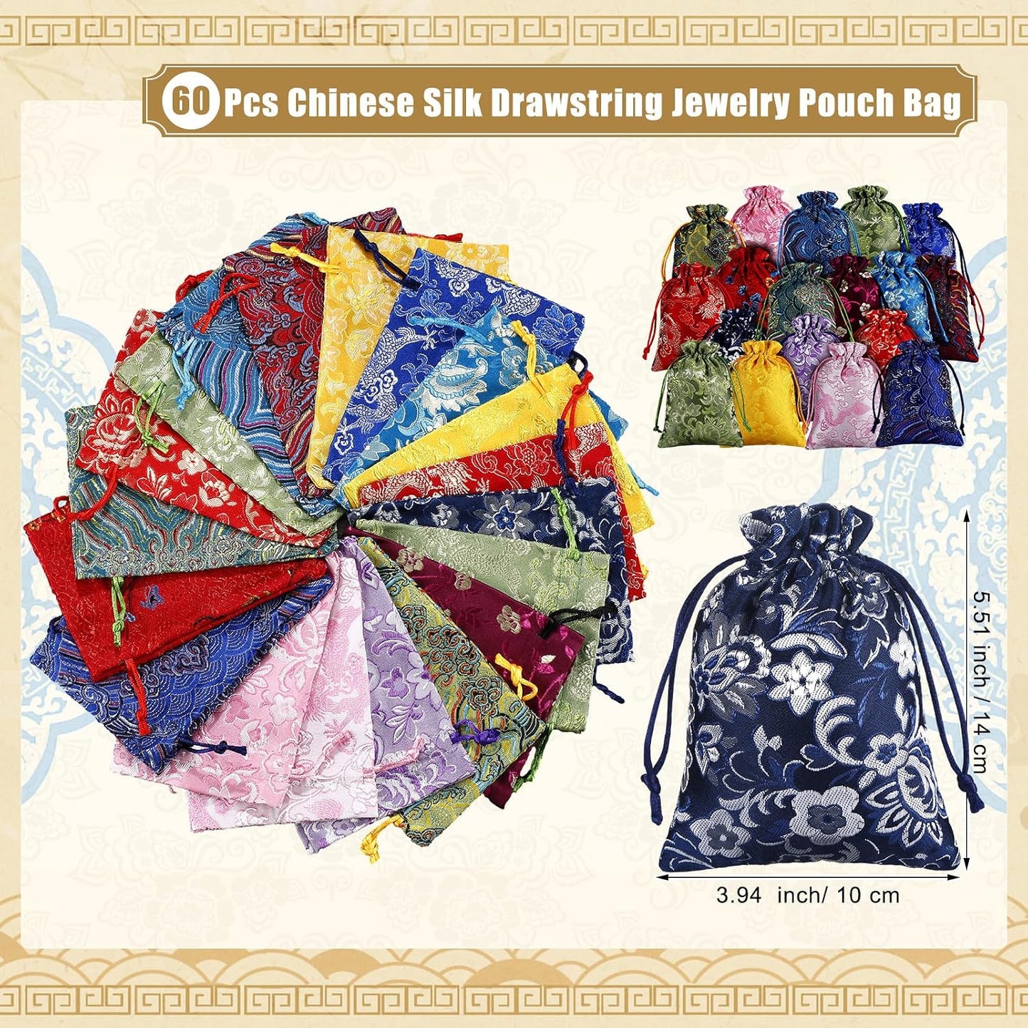 HOTSilTriangle 60 Pcs Chinese Silk Jewelry Pouch Bag Drawstring Coin Purse Embroidered Small Purse Organizer Gift Pouch Colors Value Set