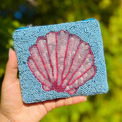 HOTSeashell Beaded Pouch Purse, Blue Beaded Purse Pouch, Beach Lover Coin Purse, Small Wallets for Her, Birthday Gift, Gift Card Bag